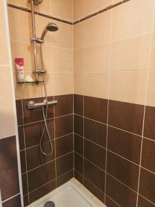 a bathroom with a shower with brown tiles at Jolie maison de vacances avec une vue magnifique sur le jardin in Combrit +33 photos