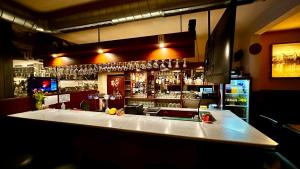 a bar with a lot of glasses on the wall at Pension Plestil in Liberec