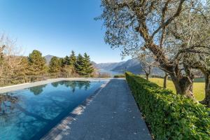 科莫Alex's Luxury Lake View Apt Pool and Tennis的一座以树木和山脉为背景的游泳池