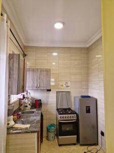 eine Küche mit einem Herd und einem Kühlschrank in der Unterkunft Kyanja Luxury Suites in Kampala
