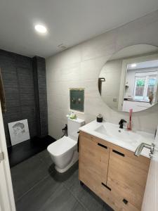 ein Badezimmer mit Waschbecken, Toilette und Spiegel in der Unterkunft La Casina de San Lorenzo in Gijón + 19 Fotos