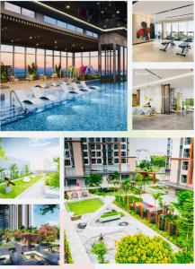 a collage of photos of a building with a pool at Studio VIP Luxury Masteries OCP1 in Gia Lâm Pho