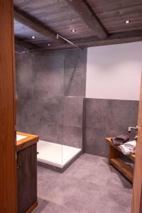 a bathroom with a shower with a glass wall at Ferienwohnung Wiagsog in Garmisch-Partenkirchen