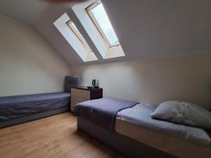 BrzózkiNoclegi Pod Dębem, Pulandia Brzózki的一间卧室设有两张床和两个天窗。