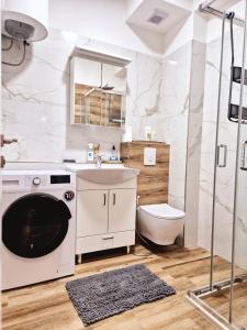 a bathroom with a washing machine and a toilet at Apartment Modern Nest in Zenica +44 photos
