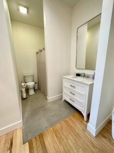 a bathroom with a sink and a toilet and a mirror at Condo C - Gallery Suites Downtown Marion in Warren