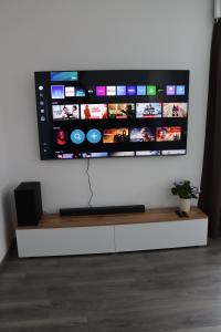 a flat screen tv hanging on a wall at Apartmán Nerudova Terasa in Polná