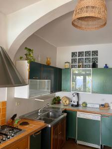 a kitchen with green cabinets and a sink at Positano's Flats in Positano