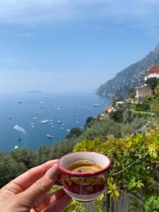 a person holding a cup of coffee overlooking the ocean at Positano's Flats in Positano