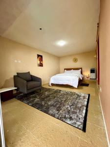 AkropongEn-suite Ecolodge Room with Views of Safari Valley的一间卧室配有一张床、一把椅子和一张沙发
