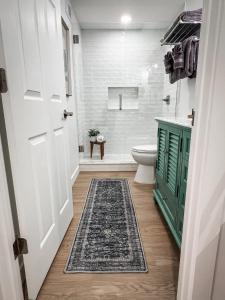 a bathroom with a toilet and a green door at Bright & Cozy Basement Retreat in American Fork +16 photos