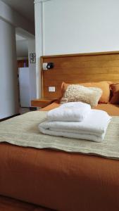 two towels sitting on top of a bed at Complejo Puente viejo JMT in Trevelín