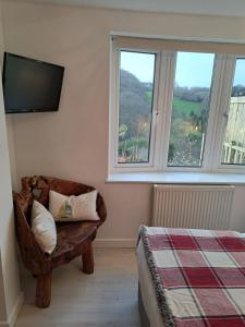 a room with a couch and a tv and two windows at Gunnado in St Austell
