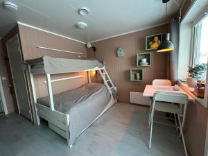 トロムソにあるKvaløya Arctic Retreat - Room in Beautiful Kvaløya, Tromsøの小さなベッドルーム(二段ベッド1組、デスク付)