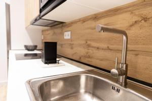 fregadero de acero inoxidable en una cocina con pared de madera en Apartamentos Julio Burell, 74, en Linares