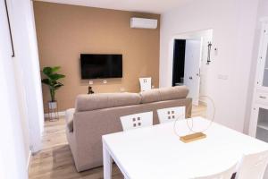 Una sala de estar con un sofá y un televisor en una pared. en Apartamentos Julio Burell, 74, en Linares