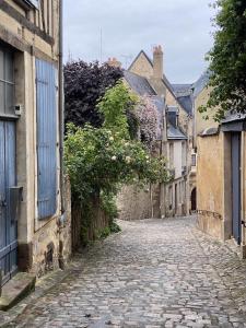 eine alte Kopfsteinpflasterstraße in einer Stadt mit Gebäuden in der Unterkunft Brit Hotel Le Cottage Le Mans Sud in Arnage