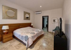 a bedroom with a bed and a flat screen tv at Villa #7 B Nayar Con Alberca Privada in Cruz de Huanacaxtle