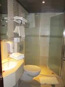 ein Bad mit einem WC, einem Waschbecken und einer Dusche in der Unterkunft Commodore Hotel in Jerusalem