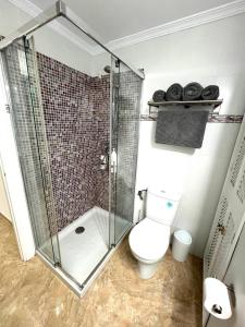 a bathroom with a toilet and a glass shower at Rincón Del Sol in Frigiliana +5 photos
