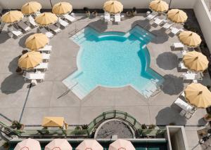 Draufsicht auf ein Schwimmbecken mit Sonnenschirmen in der Unterkunft ARRIVE Albuquerque, a Member of Design Hotels in Albuquerque