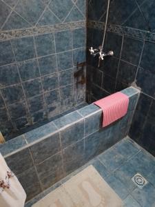 a bathroom with a shower with a towel on the tub at Puenteromano in Golondrinas +43 photos