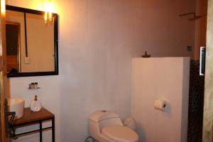 a bathroom with a toilet and a sink and a mirror at Los Cruxes in Tepoztlán