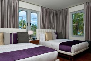 マイアミビーチにあるLeslie Hotel Ocean Driveのベッドが2つと窓があるホテルの部屋