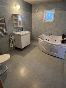 a bathroom with a tub and a sink and a toilet at Vasaloppsgården - egen hockeyrink in Evertsberg