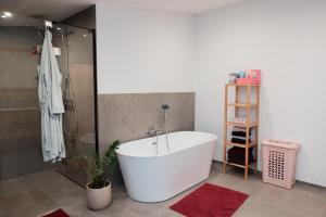 a white bath tub in a bathroom with a shower at Hohenzollern Wellness Loft mit Panorama Sauna in Burladingen +106 photos