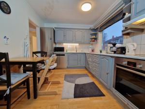 a kitchen with blue cabinets and a table with a rug at apartment With fantastic view and parking in Tromsø +13 photos