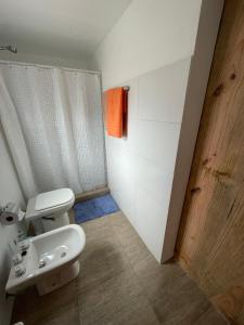 a bathroom with a white toilet and a shower at La comarca 1 in Villa Gesell +9 photos