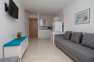 een woonkamer met een bank en een keuken bij Apartamentos Niza in Benidorm