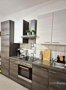 リエカにあるPortaKorzo Center Apartmentのキッチン(ステンレス製の電化製品、木製キャビネット付) +41枚の写真