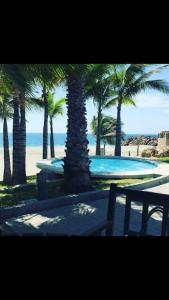 a view of a beach with palm trees and a bench at Punta Centinela in Punta Blanca