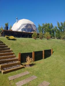 a building with a dome on top of a field at Bóreas Ecoluxury Glamping in El Calafate +13 photos
