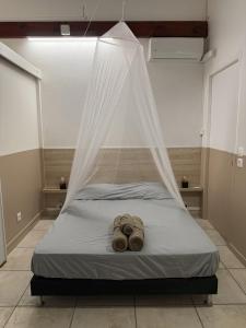 ein Bett mit einem Netz darüber in der Unterkunft Studio 104 - Centre ville et plage de Sainte-Anne in Sainte-Anne