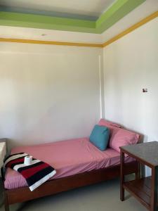a room with a bed with pink and blue pillows at Thomasita's Homestay in General Luna