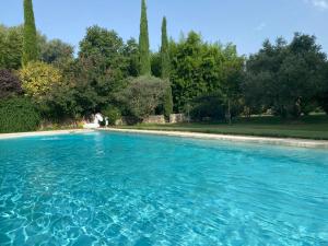 a pool of blue water with trees in the background at Mas des Bômes et spa merindol in Mérindol