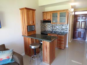 a kitchen with wooden cabinets and a counter top at Beach Studio 30 in Ocho Rios