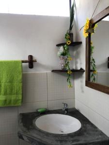a bathroom with a sink and a green towel at Posada María E in Mucuchíes
