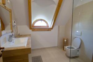 a bathroom with a sink and a toilet and a window at Căsuța din Deal in Moisei +43 photos