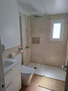 a bathroom with a shower and a toilet and a sink at Agréable bungalow avec grande terrasse et piscine in Sonnenland