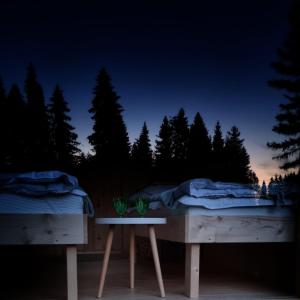 a bed and a table in the middle of a forest at KoloCabins -Huuhanranta 6 in Ruokolahti