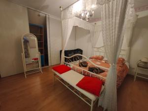 una camera da letto con un letto a baldacchino di Les gîtes du Zoo,2 logements 10min du zoo piscine partagée juin-octobre & spa partagée avril-octobre ,calme & reposant a Châteauvieux Altre 48 foto