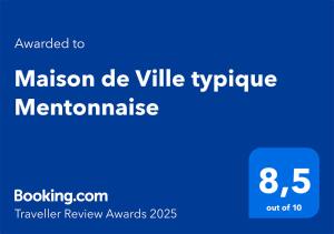 Maison de Ville typique Mentonnaise tesisinde sergilenen bir sertifika, ödül, işaret veya başka bir belge