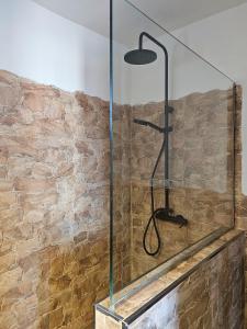 a shower in a bathroom with a stone wall at Casa Roque in Garachico +35 photos