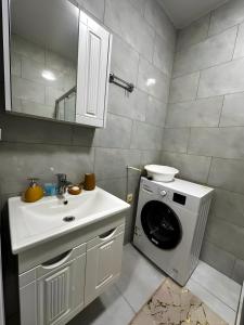 une salle de bains avec lave-linge et lavabo dans l'établissement Sky Apartments, à Batoumi