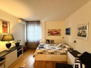 Un dormitorio con una cama y un escritorio y una ventana. en Apartment Elza, en Belgrado