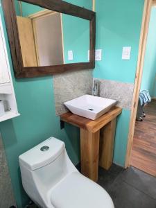 a bathroom with a white toilet and a sink at Casa entré Fundos in Lago Ranco +31 photos